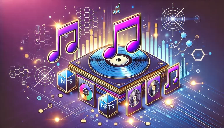 DALL·E 2025 03 24 12.55.41 A compelling modern illustration for a blog titled Why Musicians Should Mint Album Covers as NFTs. Include visual symbols of music notes blockchai